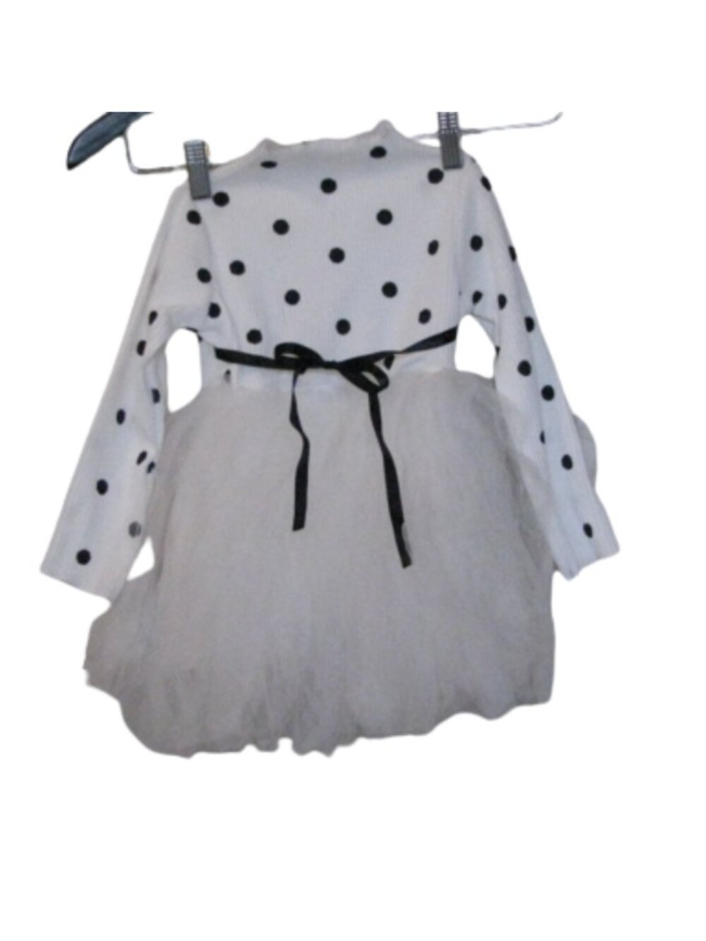2T White Long Sleeved Party Dress with Black Polka Dots and Ribbon